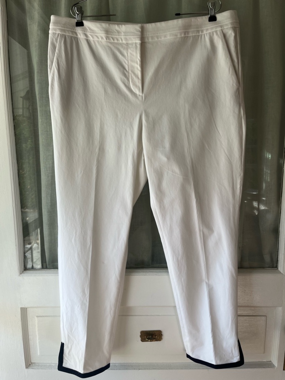 Talbots Size 16 Cotton Blend Cropped White Dress Pants with Navy Detail at Ankle